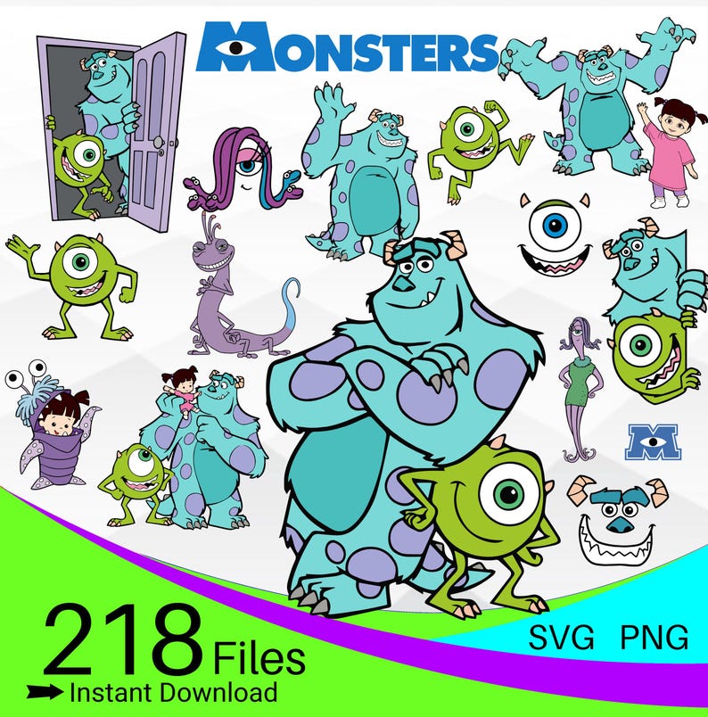 Op de afbeelding: Een set van 218 SVG- en PNG-bestanden met verschillende personages uit de film Monsters Inc. De personages zijn in cartoon-stijl afgebeeld en omvatten Sully, Mike, Boo en andere monsters. De bestanden zijn direct te downloaden.