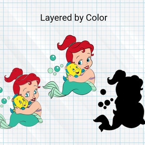 May include: A layered digital design featuring a red-haired mermaid holding a yellow fish. The design is layered by color, with the mermaid, fish, and bubbles in separate layers. The design also includes a black silhouette of the mermaid and fish.