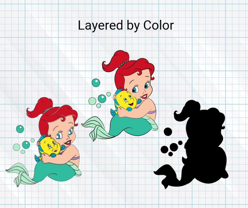 May include: A layered digital design featuring a red-haired mermaid holding a yellow fish. The design is layered by color, with the mermaid, fish, and bubbles in separate layers. The design also includes a black silhouette of the mermaid and fish.
