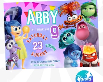 Pode incluir: Um convite de aniversário colorido com personagens do filme Divertida Mente. O convite é para a festa de aniversário de 9 anos da Abby, que será realizada no sábado, 23 de agosto, às 13h00. O endereço é 1782 Woodwind Drive e o número de RSVP é 222-222-2222.