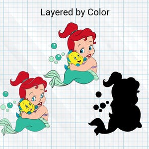 May include: A layered image of a red-haired mermaid holding a yellow fish. The mermaid is wearing a green tail and has a pink shell bra. The image is layered by color, with the mermaid and fish in color and a black silhouette of the mermaid and fish.