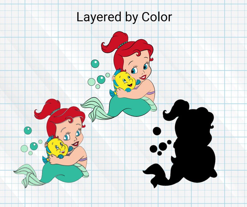 May include: A layered image of a red-haired mermaid holding a yellow fish. The mermaid is wearing a green tail and has a pink shell bra. The image is layered by color, with the mermaid and fish in color and a black silhouette of the mermaid and fish.