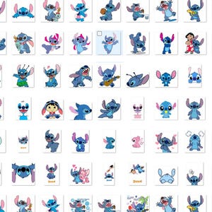 May include: A collection of 100 colorful cartoon Stitch stickers featuring various poses and expressions. The stickers are perfect for adding a touch of Disney magic to your planner, laptop, or phone.