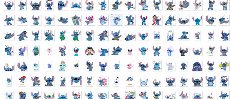 May include: A collection of 100 colorful cartoon Stitch stickers featuring various poses and expressions. The stickers are perfect for adding a touch of Disney magic to your planner, laptop, or phone.