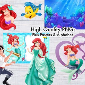 May include: A set of digital images featuring various characters from the Disney film The Little Mermaid. The images include Ariel, Flounder, Ursula, and Prince Eric. The images are high quality and perfect for crafting projects, scrapbooking, or party decorations.