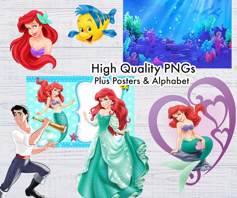 May include: A set of digital images featuring various characters from the Disney film The Little Mermaid. The images include Ariel, Flounder, Ursula, and Prince Eric. The images are high quality and perfect for crafting projects, scrapbooking, or party decorations.
