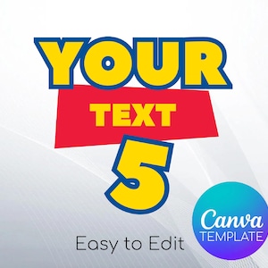 Puede incluir: Una plantilla de diseño gráfico con las palabras "YOUR TEXT 5" en amarillo y azul, sobre una pancarta roja. El diseño incluye un logotipo de plantilla de Canva y el texto "Easy to Edit".