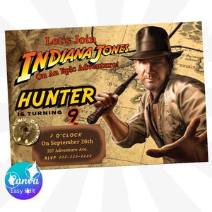 Indiana Jones Geburtstagseinladung, bearbeitbare Indiana Jones Party-Einladung, druckbare Einladung oder evite