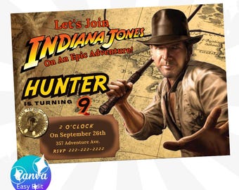 May include: A birthday invitation featuring Indiana Jones with a whip, a map, and the text "Let's Join Indiana Jones On An Epic Adventure! Hunter Is Turning 9". The invitation includes details for the party, including the date, time, and location.
