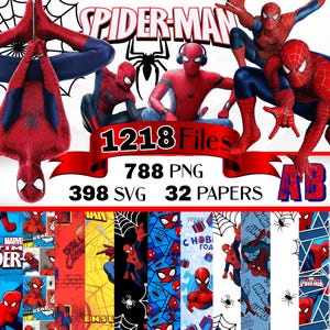 Pode incluir: Uma coleção digital de gráficos com o tema Spider-Man contendo 1218 arquivos, incluindo 788 PNGs, 398 SVGs e 32 papéis. As imagens exibem várias poses do personagem com traje vermelho e azul, teias de aranha e o texto Spider-Man e ABC.