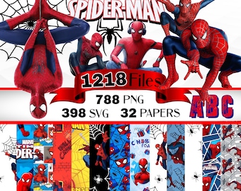 Spiderman Clipart Bundle, Spiderman svg, Spiderman png and Digital Papers, Superhero SVG, Spiderman alphabet