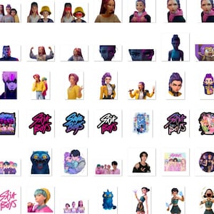 May include: A collection of various stickers featuring cartoon characters, stylized portraits, and text. The stickers showcase a range of colors and designs, including images of people, animals, and logos. The stickers are on a white background.