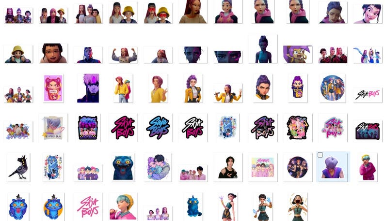 May include: A collection of various stickers featuring cartoon characters, stylized portraits, and text. The stickers showcase a range of colors and designs, including images of people, animals, and logos. The stickers are on a white background.