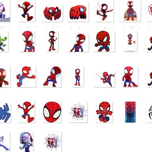 May include: A collection of various Spider-Man themed illustrations. The images feature the superhero in different poses and styles, with a focus on red, blue, and black color schemes. Some images include the Spider-Man logo and web designs.