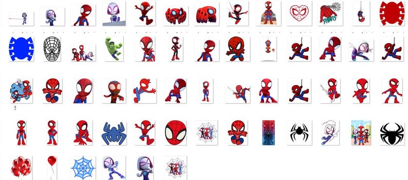May include: A collection of various Spider-Man themed illustrations. The images feature the superhero in different poses and styles, with a focus on red, blue, and black color schemes. Some images include the Spider-Man logo and web designs.