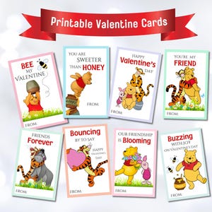 May include: A set of printable Valentine's Day cards featuring Winnie the Pooh characters. The cards display various messages, including "Bee My Valentine" and "You're My Friend". Each card has a rectangular shape with colourful borders and the text "Printable Valentine Cards".