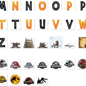 May include: A collection of images featuring the alphabet, with letters in orange and black. Also included are images of dinosaurs, scenes, and logos from the "Jurassic World" franchise. The logos feature the text "Jurassic World" and "The Lost World".