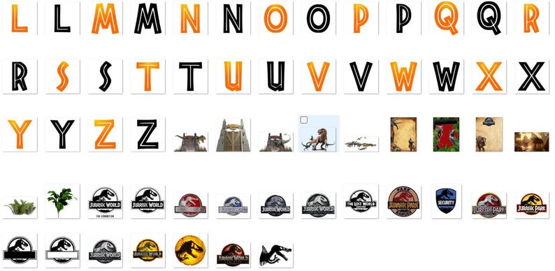 May include: A collection of images featuring the alphabet, with letters in orange and black. Also included are images of dinosaurs, scenes, and logos from the "Jurassic World" franchise. The logos feature the text "Jurassic World" and "The Lost World".