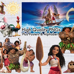 May include: A set of digital images featuring characters from the animated movie Moana. The images include Moana, Maui, Pua the pig, Hei Hei the rooster, and other characters. The images are high quality and perfect for crafting projects, scrapbooking, or creating personalised gifts. High Quality PNGs Plus Posters & Alphabet.