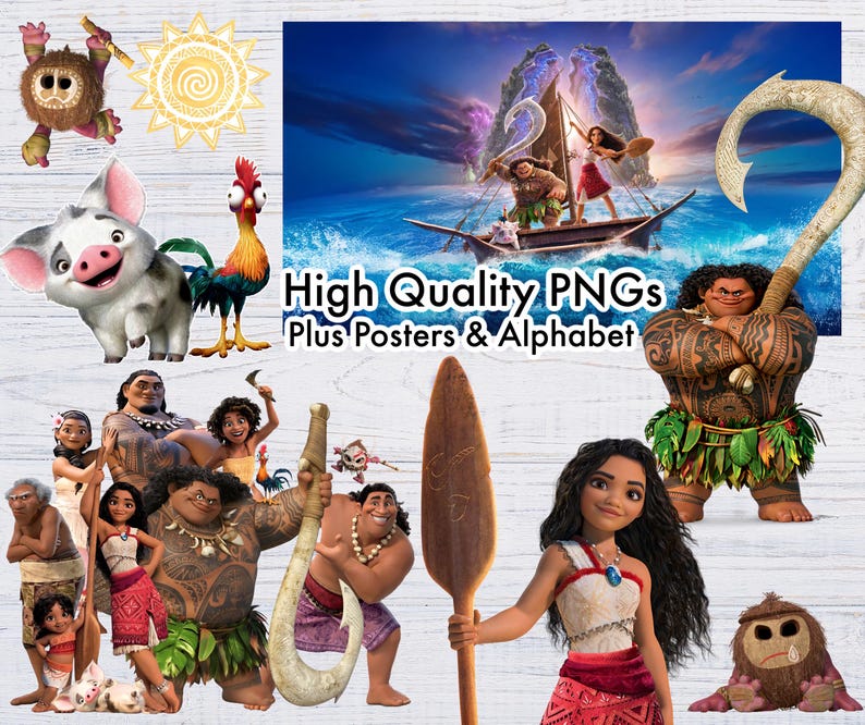 May include: A set of digital images featuring characters from the animated movie Moana. The images include Moana, Maui, Pua the pig, Hei Hei the rooster, and other characters. The images are high quality and perfect for crafting projects, scrapbooking, or creating personalised gifts. High Quality PNGs Plus Posters & Alphabet.