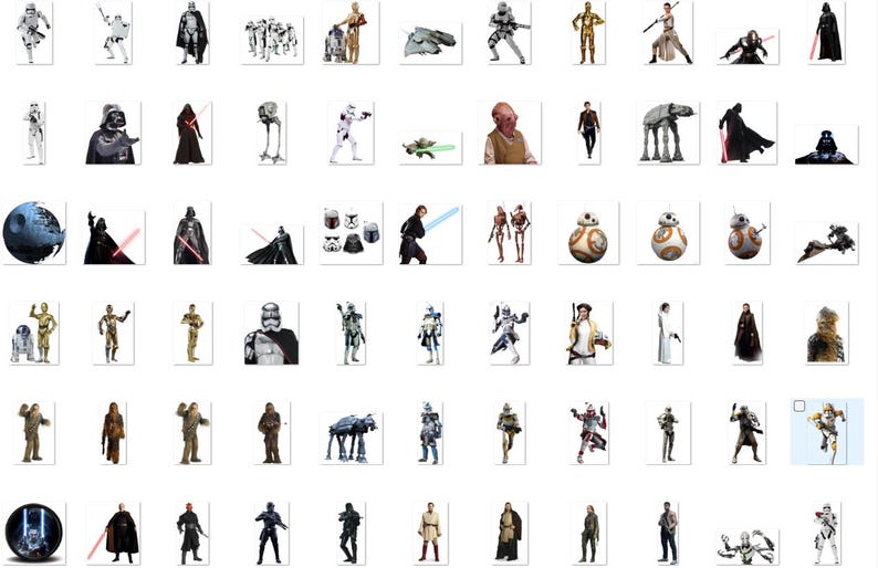 May include: A collection of Star Wars characters and vehicles, including Darth Vader, Yoda, R2-D2, and the Millennium Falcon. The characters are depicted in various poses and settings, including a desert landscape, a space battle, and a forest.