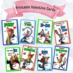 Puede incluir: Un conjunto de tarjetas imprimibles de San Valentín con personajes de la película Zootrópolis. Cada tarjeta tiene un mensaje y diseño únicos, con espacio para escribir "De:" y una forma de corazón.