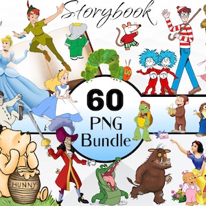 Könnte beinhalten: Ein digitales PNG-Bundle mit 60 Illustrationen von Märchenfiguren, darunter Peter Pan, Aschenputtel und Winnie Puuh. Das Wort "Storybook" ist kursiv geschrieben. Der Text "60 PNG Bundle" befindet sich in der Mitte.