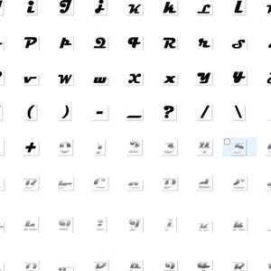May include: A selection of black lowercase letters, numbers, and symbols in a sans-serif font. Each character is presented on a small, square, white background. The characters include letters a through z, numbers, and punctuation marks.