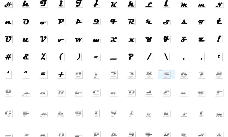 May include: A selection of black lowercase letters, numbers, and symbols in a sans-serif font. Each character is presented on a small, square, white background. The characters include letters a through z, numbers, and punctuation marks.