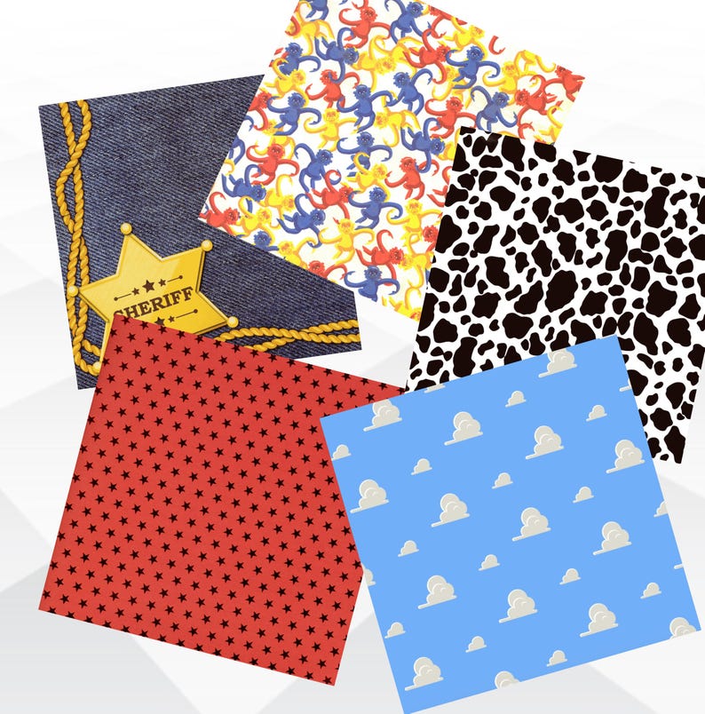 May include: A collection of five square patterned sheets featuring a denim texture with a yellow sheriff star badge, a colorful monkey print, a black and white cow spot pattern, a red background with small black stars, and a blue sky with white clouds.