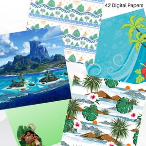 May include: A digital paper pack containing 42 tropical themed designs. The designs feature palm trees, hibiscus flowers, ocean waves, and islands. The designs are ideal for scrapbooking, card making, and other crafting projects.