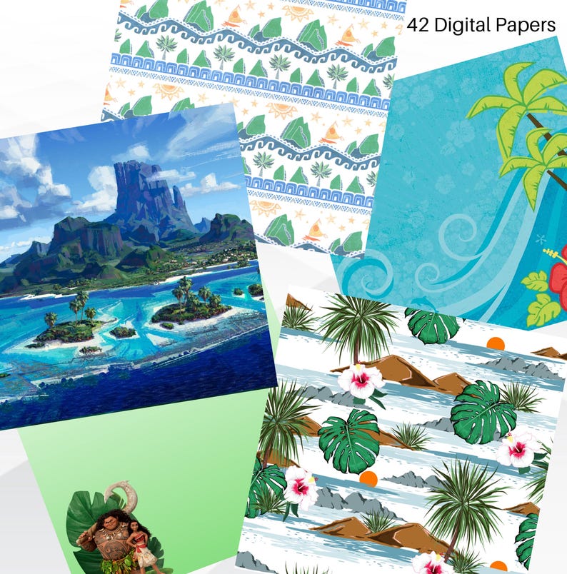 May include: A digital paper pack containing 42 tropical themed designs. The designs feature palm trees, hibiscus flowers, ocean waves, and islands. The designs are ideal for scrapbooking, card making, and other crafting projects.
