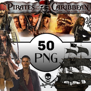 Puede incluir: Una colección de 50 imágenes PNG con personajes y escenas de la franquicia de películas Piratas del Caribe. Las imágenes incluyen al Capitán Jack Sparrow, Barbanegra y el barco Black Pearl.