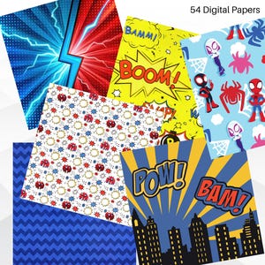 May include: A collection of 54 digital papers with comic book and superhero themes. Designs include lightning bolts, action words like "BOOM" and "POW!", spider web patterns, and superhero characters in vibrant colors. The papers are square-shaped.