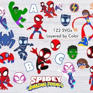 May include: A collection of colorful digital illustrations featuring characters from the Spidey and His Amazing Friends series. Includes Spider-Man, Hulk, and other heroes. The image also includes the text "122 SVGs Layered by Color" and the show's logo.