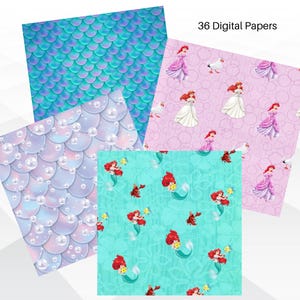 May include: 36 digital papers featuring a mermaid theme. The papers include a variety of patterns, including mermaid scales, bubbles, and a repeating pattern of Ariel, the Little Mermaid, swimming with a crab and a fish.