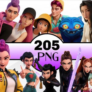 Peut inclure: Illustration numérique de plusieurs personnages stylisés aux coiffures et expressions variées. L'image comprend le texte "205 PNG" dans un design violet et blanc. Les personnages portent différentes tenues.