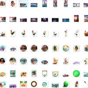May include: A collection of digital images featuring characters and scenes from the animated film Moana. The images include a variety of characters, such as Moana, Maui, and the rooster Hei Hei, as well as scenes from the film, such as the ocean, the island, and the boat.