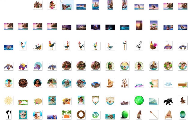 May include: A collection of digital images featuring characters and scenes from the animated film Moana. The images include a variety of characters, such as Moana, Maui, and the rooster Hei Hei, as well as scenes from the film, such as the ocean, the island, and the boat.