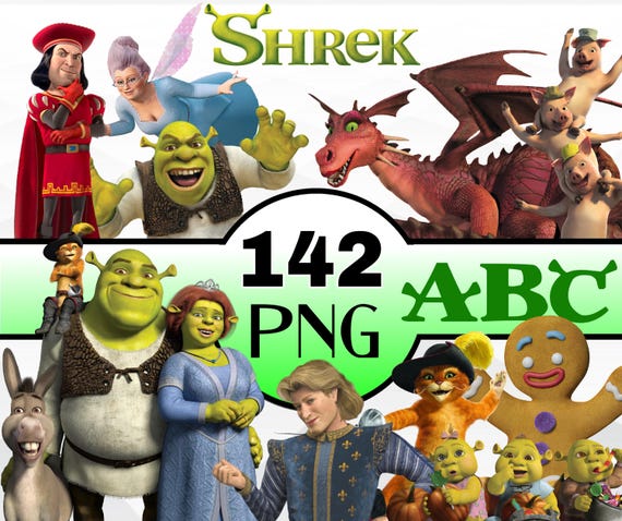 Shrek Clipart, Shrek PNG Bundle, Digital Files for Shrek Birthday with Donkey, Fiona, and more!