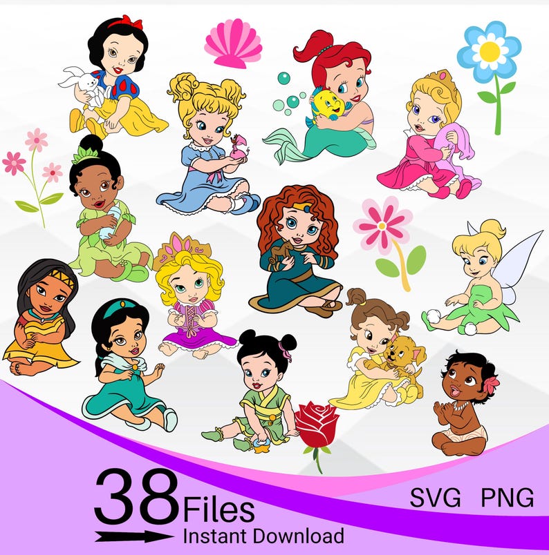 Baby Princess SVG Bundle, Baby Princess SVG PNG Clipart Bundle, Layered svg Bundle, Baby Ariel svg, Baby moana svg, Toddler Princess image 1