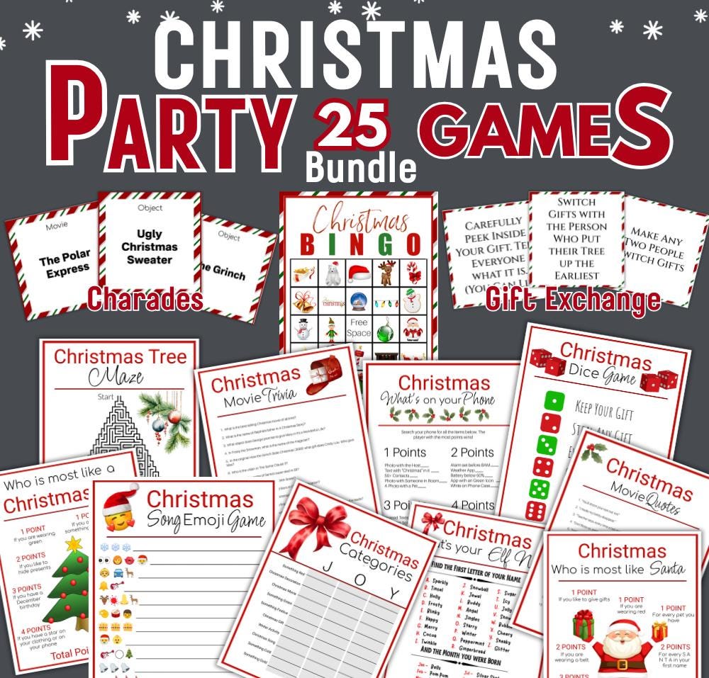 Christmas Party Games, Holiday Game bundle, Printable Christmas Games for kids, teens, and adults including bingo, trivia, gift exchange