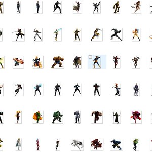 May include: A collection of 100 colorful cartoon superhero characters in various poses. The characters are all in a fighting stance, with their arms and legs outstretched. Some of the characters are wearing capes, while others are wearing masks. The characters are all different colors, including red, blue, green, yellow, and purple.