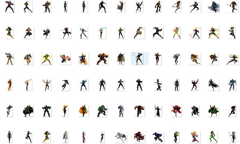 May include: A collection of 100 colorful cartoon superhero characters in various poses. The characters are all in a fighting stance, with their arms and legs outstretched. Some of the characters are wearing capes, while others are wearing masks. The characters are all different colors, including red, blue, green, yellow, and purple.