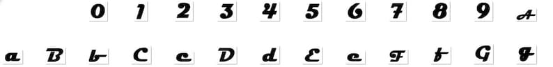 May include: A black and white image displaying a font set. The image shows the numbers 0 to 9 and the letters a to g, and A to G. The font is a bold, sans-serif style.