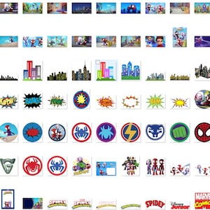 May include: A collection of various Spider-Man themed graphics and illustrations. The image includes comic book style action words, cityscapes, character logos, and scenes from the animated series. The color palette is primarily red, blue, and black.