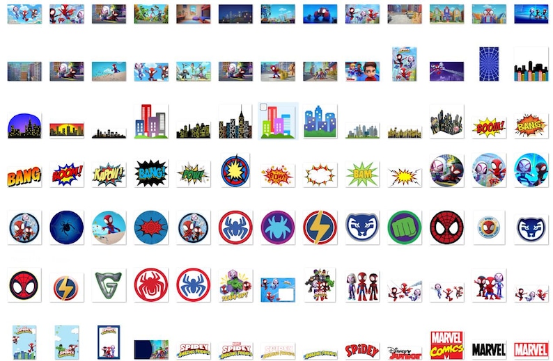 May include: A collection of various Spider-Man themed graphics and illustrations. The image includes comic book style action words, cityscapes, character logos, and scenes from the animated series. The color palette is primarily red, blue, and black.