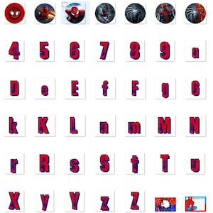 May include: A set of red and blue alphabet and number stickers featuring a Spiderman character. The stickers are on a white background.