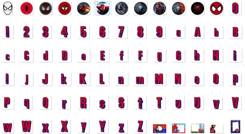 May include: A set of red and blue alphabet and number stickers featuring a Spiderman character. The stickers are on a white background.