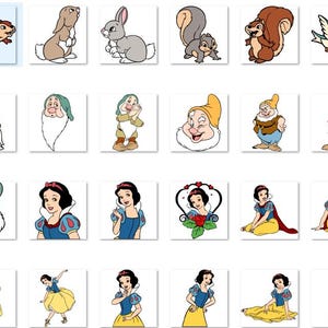 May include: A selection of cartoon illustrations depicting characters from a well-known fairy tale. The images showcase various characters, including a queen, dwarfs, a prince, and a princess. The illustrations are in a vibrant, cartoon style.